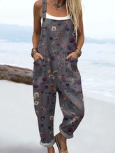 Women's Vintage Flowers Art Print Casual Cotton Linen Wide Leg Jumpsuit